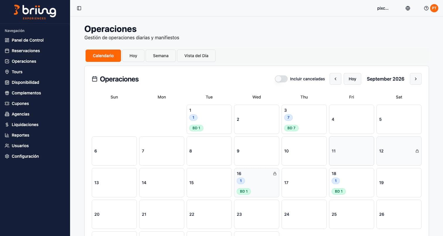 Monthly operations calendar