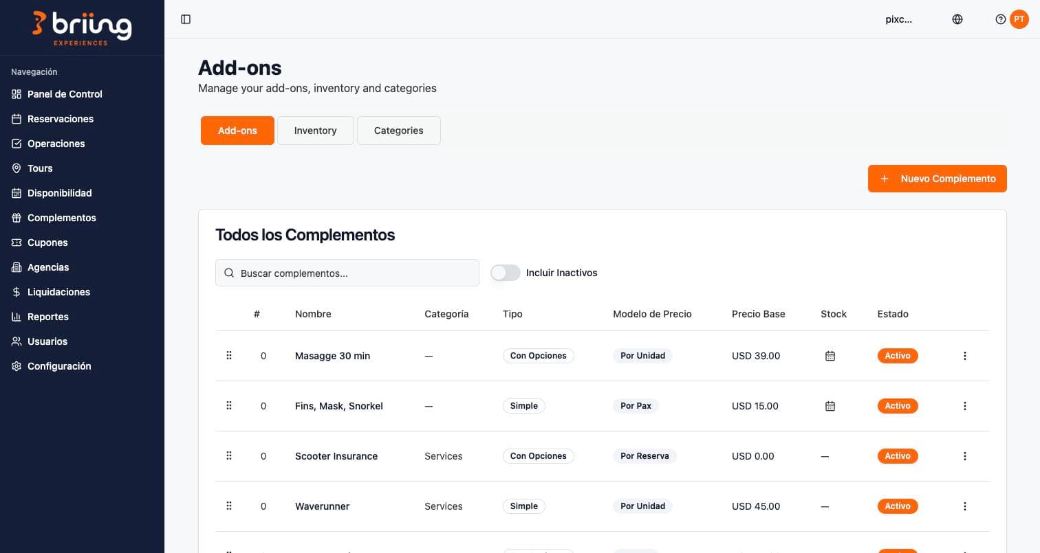 Add on list with pricing model and stock
