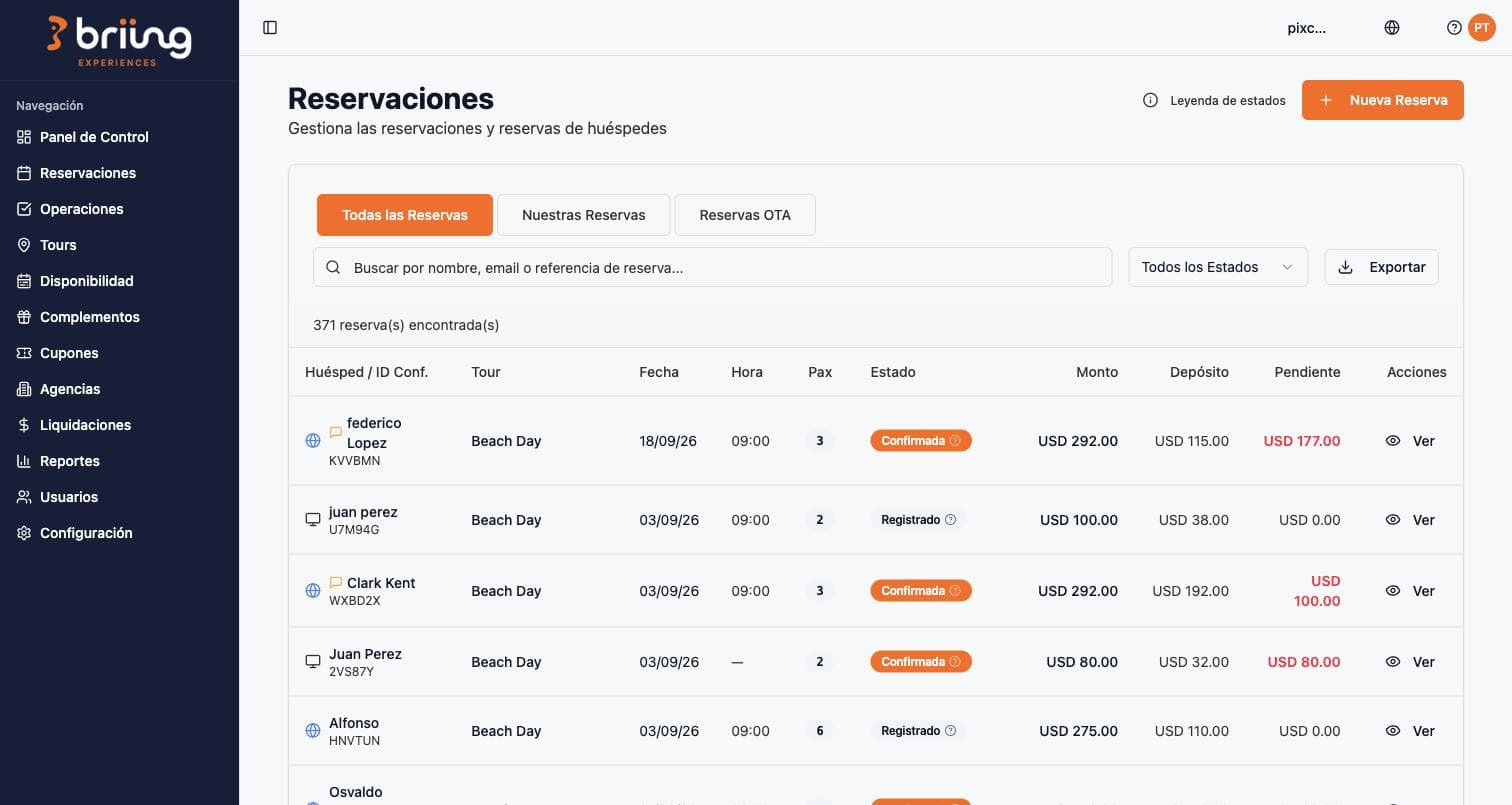 Booking list with amount, deposit and pending