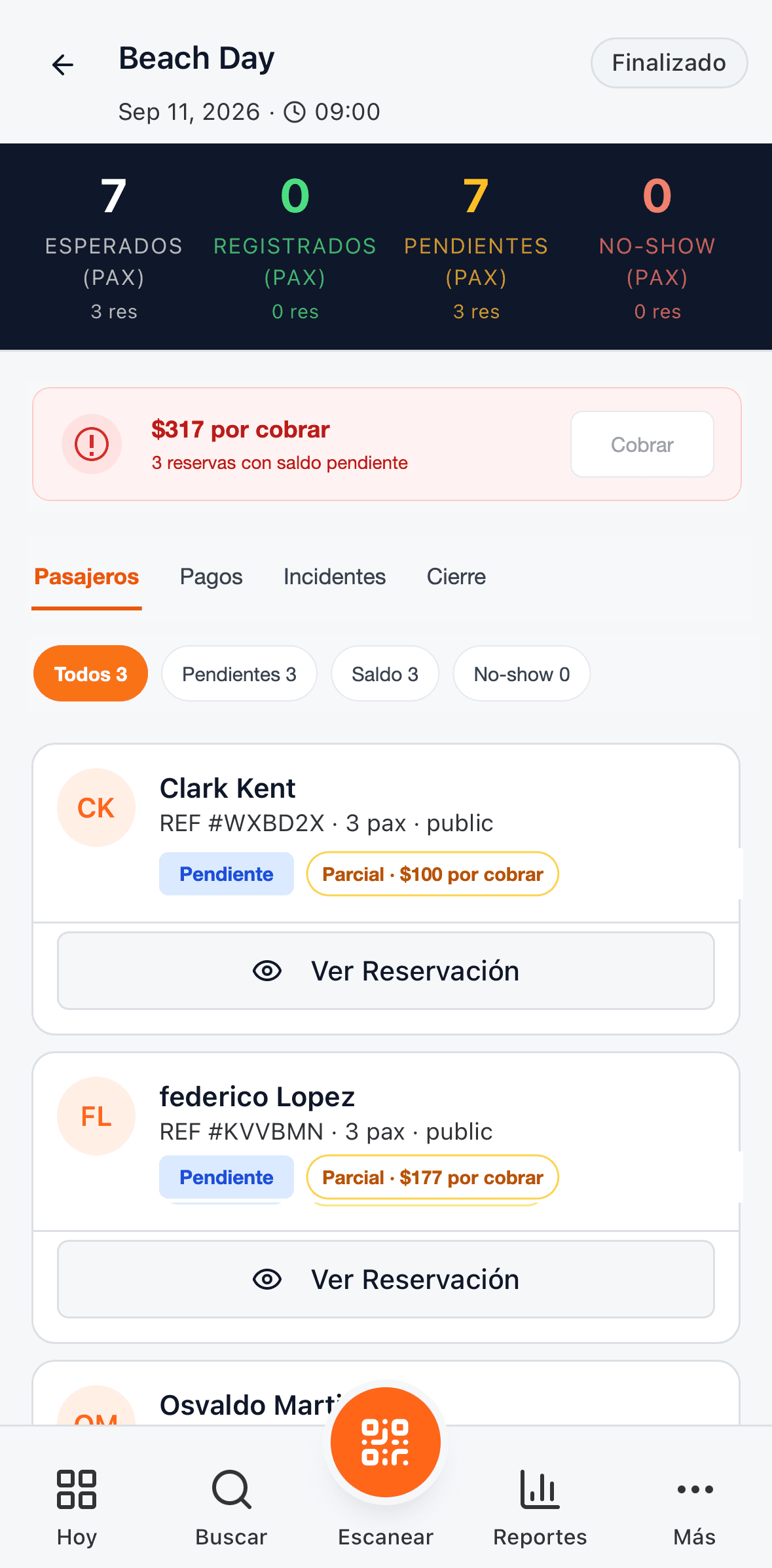 The day's operation in the guide webapp
