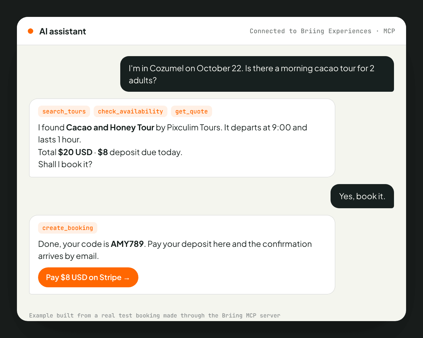 Example conversation: an AI assistant quotes and books a tour on Briing Experiences