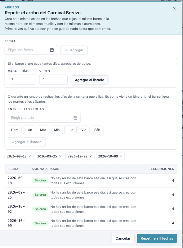 Repetir un arribo en varias fechas, con la vista previa de lo que se va a crear