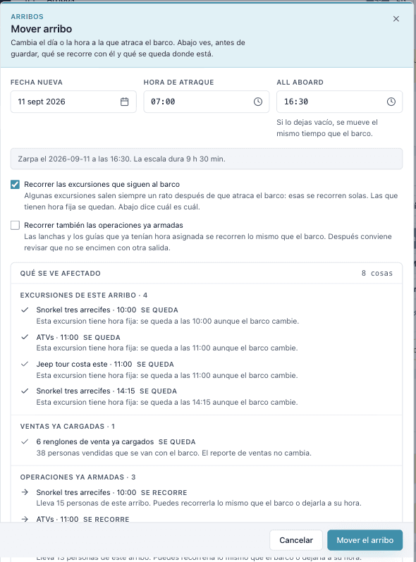 Mover un arribo, con el detalle de qué se ve afectado