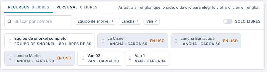 Recursos disponibles para asignar a la operación del día