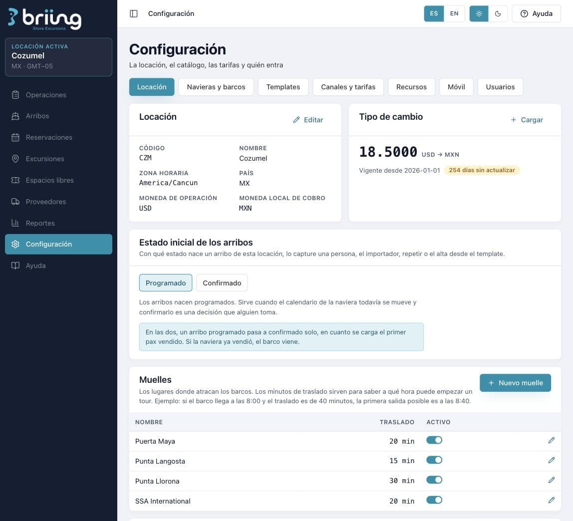 Configuración de la locación: monedas, tipo de cambio y muelles con su traslado