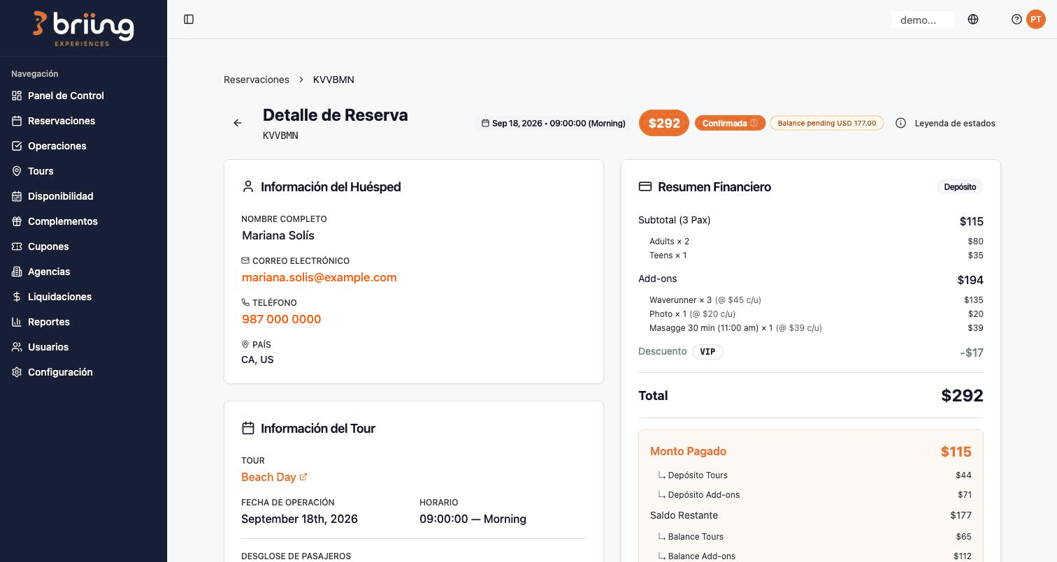 Detalle de una reservación en Briing Experiences